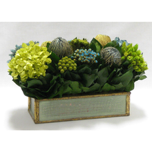 Load image into Gallery viewer, [WSRPS-GG-HDBHDNB] Wooden Short Rect. Container Grey Green - Banksia, Pharalis &amp; Hydrangea Basil &amp; Natural Blue
