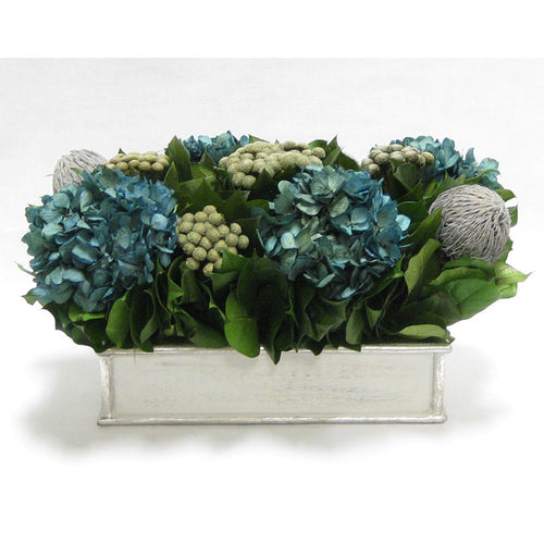 Wooden Short Rect.Container Antique Silver  - Banksia Gray, Brunia Natural & Hydrangea Natural Blue