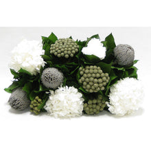 Load image into Gallery viewer, [WSRPS-GS-RBKBRHDW] Wooden Short Rect.Container Antique Silver - Roses White, Banksia Lt Grey, Brunia Nat &amp; Hydrangea White
