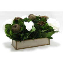 Load image into Gallery viewer, [WSRPS-PD-RBKBZHDW] Wooden Short Rect Container Patina Distressed w/Bronze- Roses White, Banksia Bronze, Brunia Brown &amp; Hydrangea White
