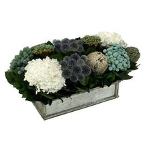 Load image into Gallery viewer, [WSRPS-SAM-ECHDW] Wooden Short Rect Container Small Silver w/ Antique Mirror - Echinops w/ Banksia, Brunia, Pharalis &amp; Hydrangea White
