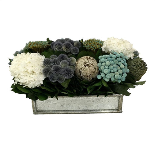 Wooden Short Rect Container Small Silver w/ Antique Mirror - Echinops w/ Banksia, Brunia, Pharalis & Hydrangea White