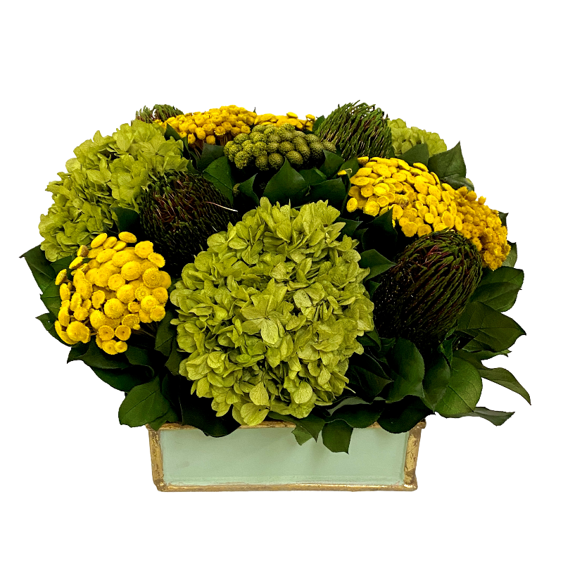 Wooden Short Square Container Grey Green w/Gold - Brunia Yellow, Buttons Yellow and Hydrangea Basil