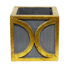 Load image into Gallery viewer, [WMSPO-DG-ORYE] Wooden Mini Square Container w/ Circle Dark Blue Grey w/ Gold - Orchid White &amp; Yellow Artificial
