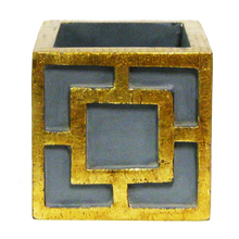 Load image into Gallery viewer, [WMSPQ-DG-ORYE] Wooden Mini Square Container w/ Square - Dark Blue Grey w/ Antique Gold - Orchid White/Yellow Artificial
