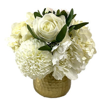 Load image into Gallery viewer, [HUXS-ADALWW] Gold Metal Hammered Vase Small - Artificial Dahlia Hydrangea Bouquet White