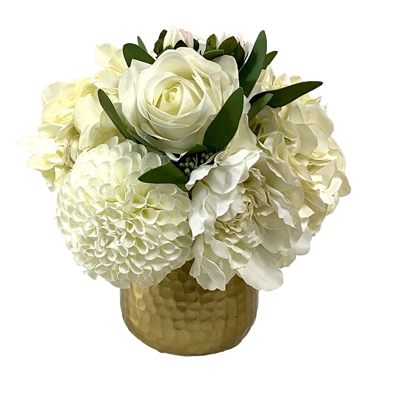 [HUXS-ADALWW] Gold Metal Hammered Vase Small - Artificial Dahlia Hydrangea Bouquet White