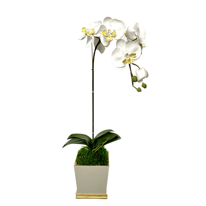 [MSP-WG-ORYE] Resin Mini Square Container Grey White & Gold - Artificial Orchid White & Yellow