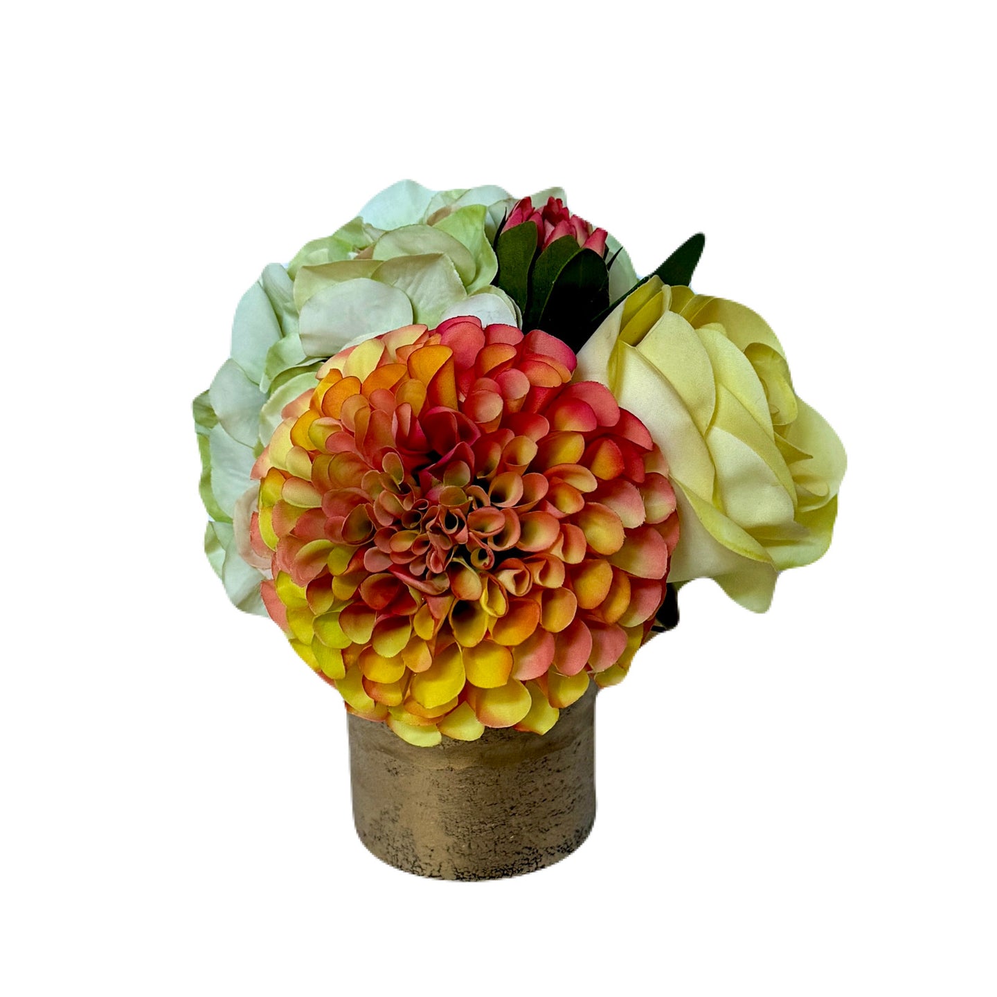 [RESS-ADALSS] Gold Glass Vase Small - Artificial Dahlia & Rose Yellow/Orange and Hydrangea Light Green