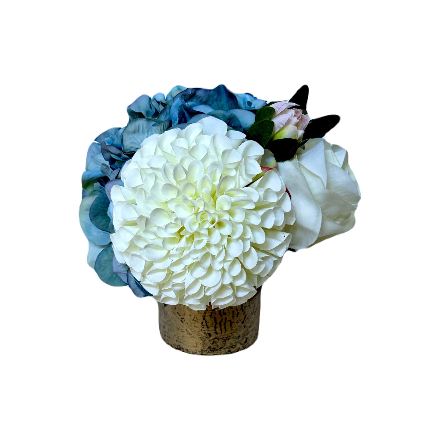 [RESS-ADALBW] Gold Glass Vase Small - Artificial Dahlia & Rose White and Hydrangea Blue