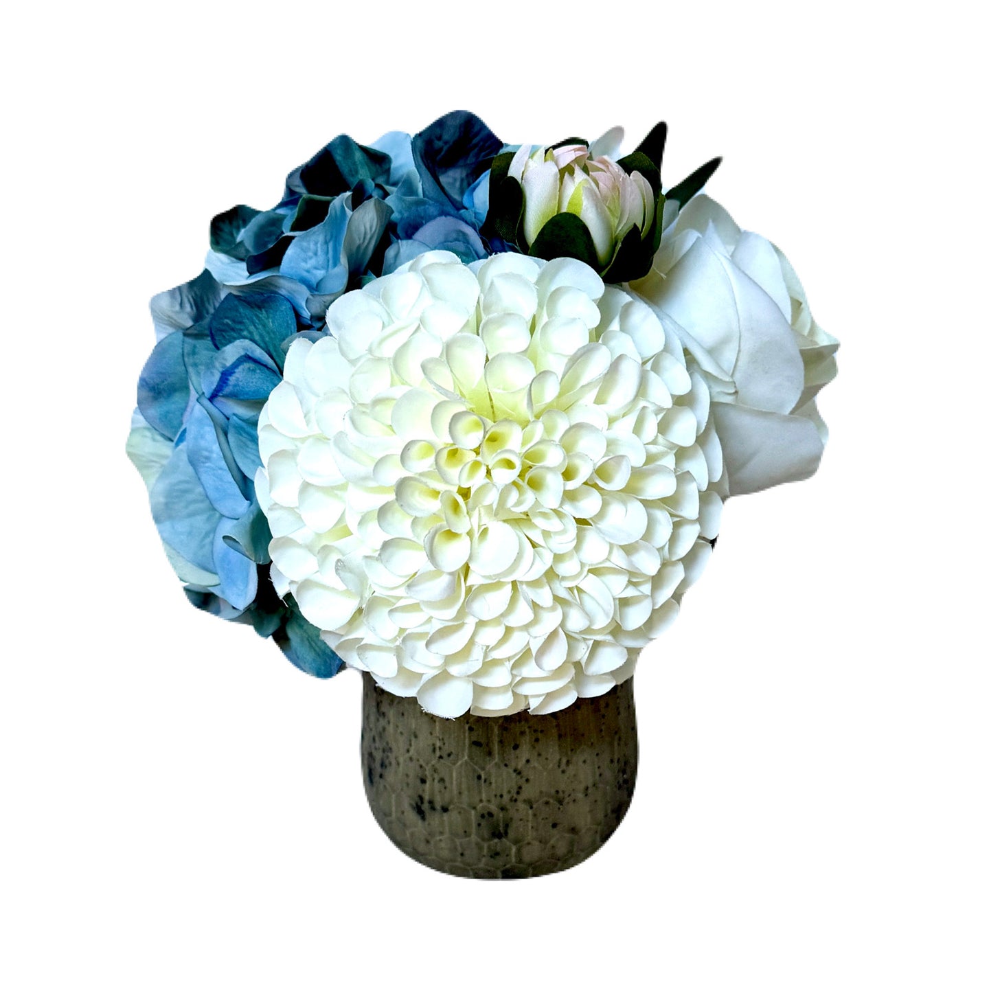 [RGVHS-ADALBW] Round Glass Hammered Vase Small - Artificial Dahlia & Rose White and Hydrangea Blue