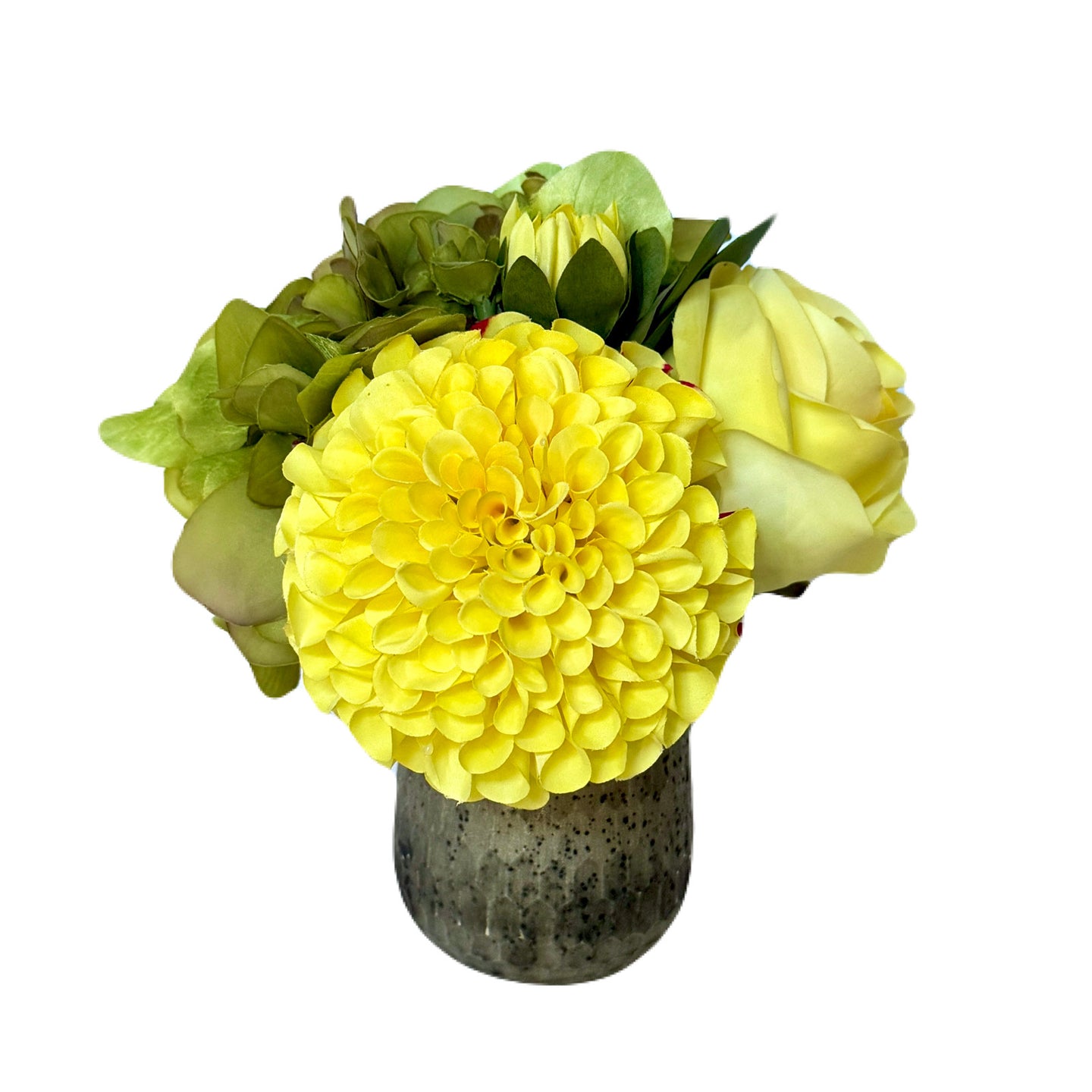 [RGVHS-ADALYY] Round Glass Hammered Vase Small - Artificial Dahlia & Rose Yellow and Hydrangea Basil