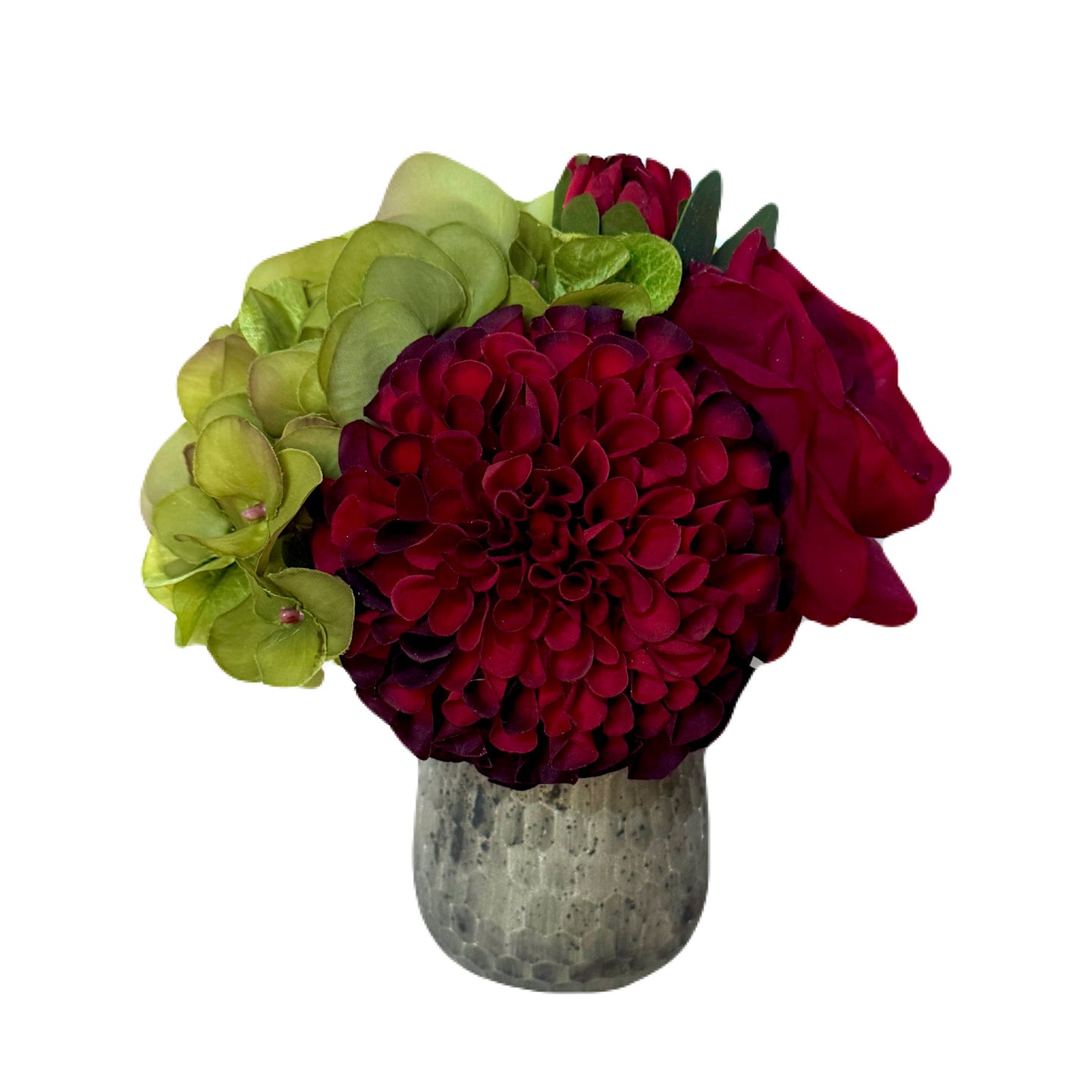 [RGVHS-ADALRR] Round Glass Hammered Vase Small - Artificial Dahlia & Rose Red and Hydrangea Basil