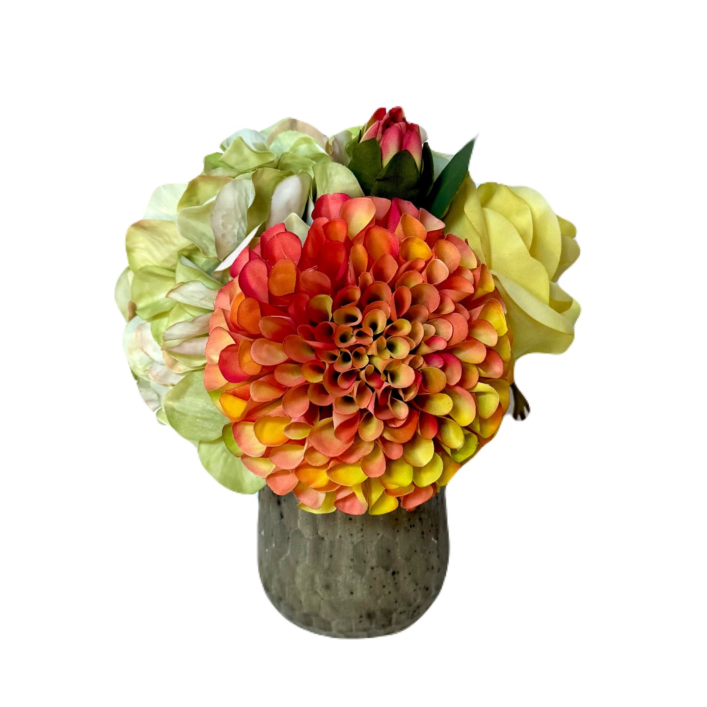 [RGVHS-ADALSS] Round Glass Hammered Vase Small - Artificial Dahlia & Rose Yellow/Orange and Hydrangea Light Green