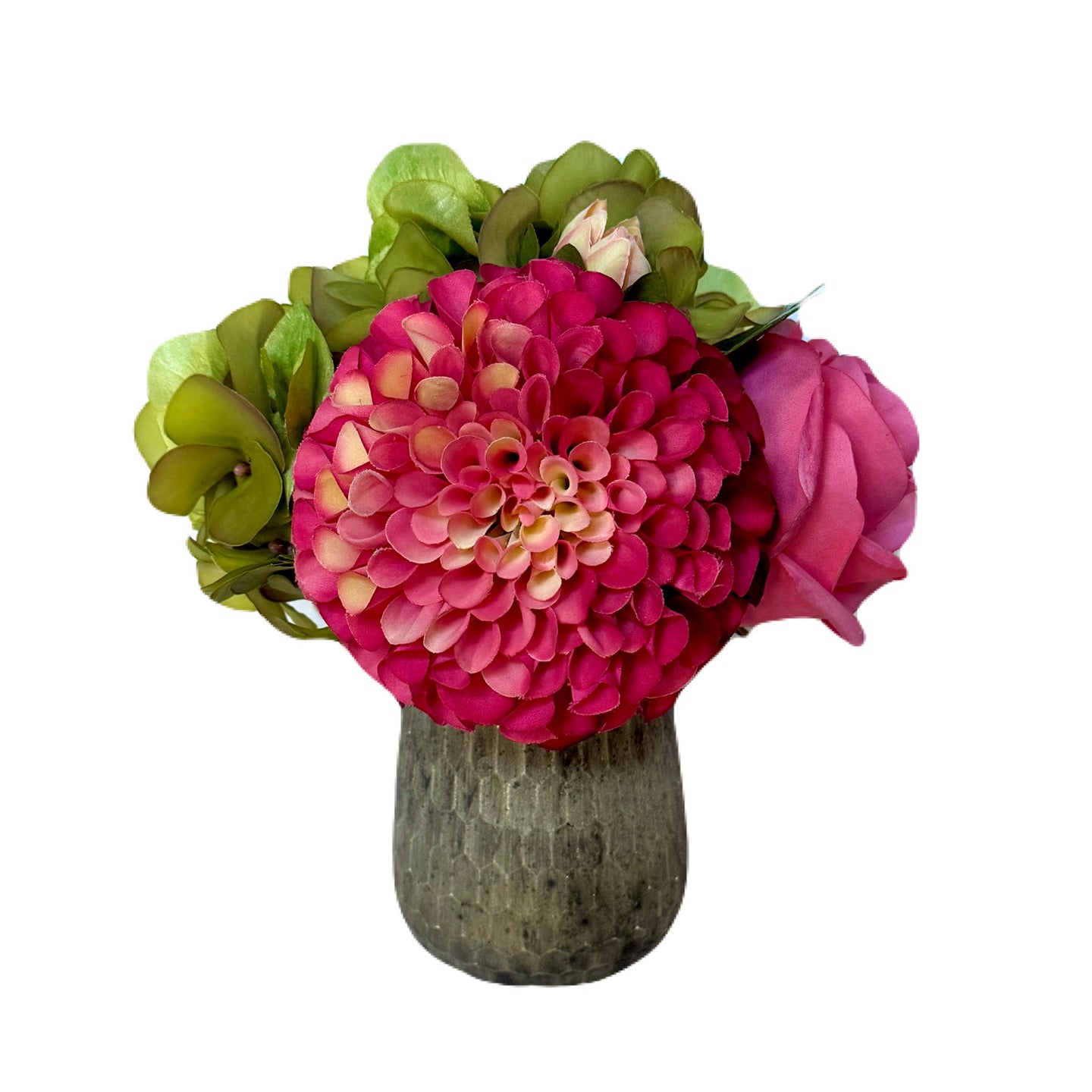 [RGVHS-ADALGP] Round Glass Hammered Vase Small - Artificial Dahlia & Rose Red/Pink and Hydrangea Basil