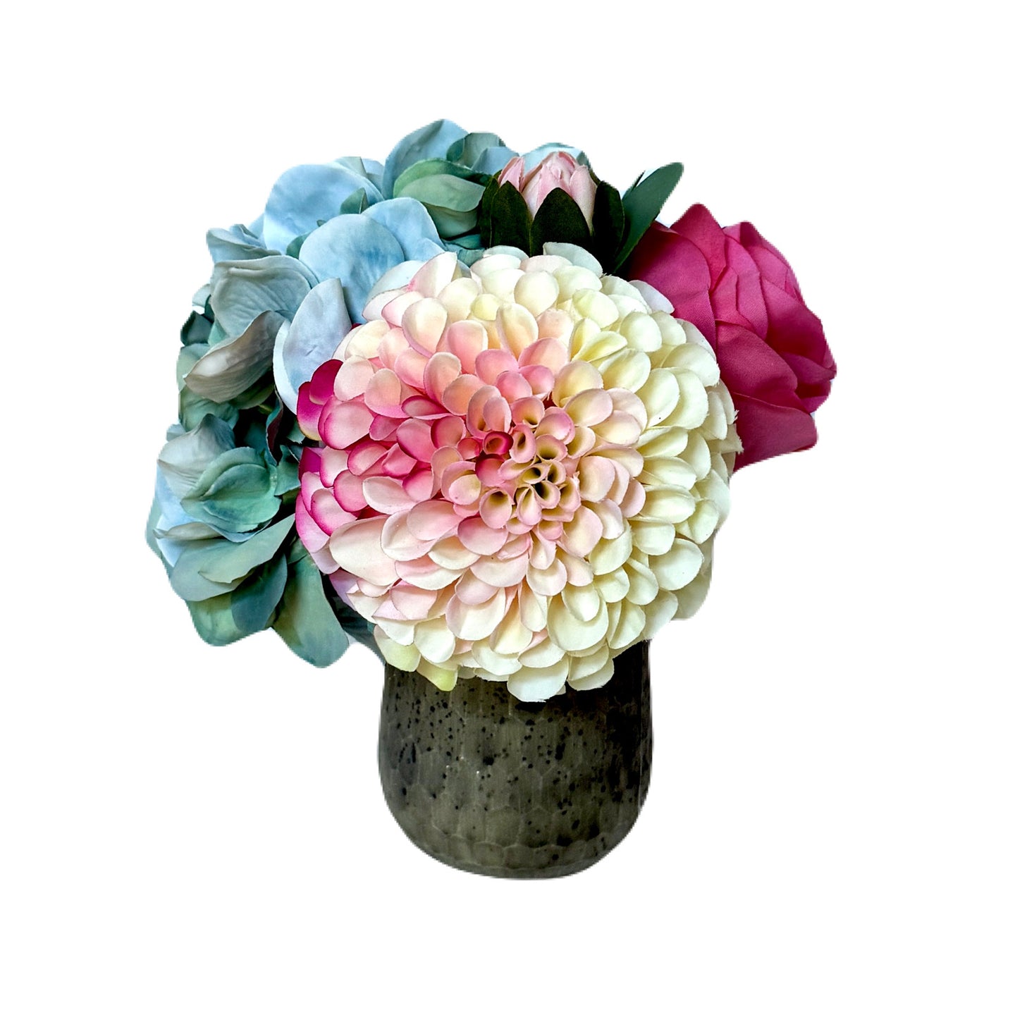 [RGVHS-ADALBP] Round Glass Hammered Vase Small - Artificial Dahlia & Rose Cream/Pink and Hydrangea Light Blue