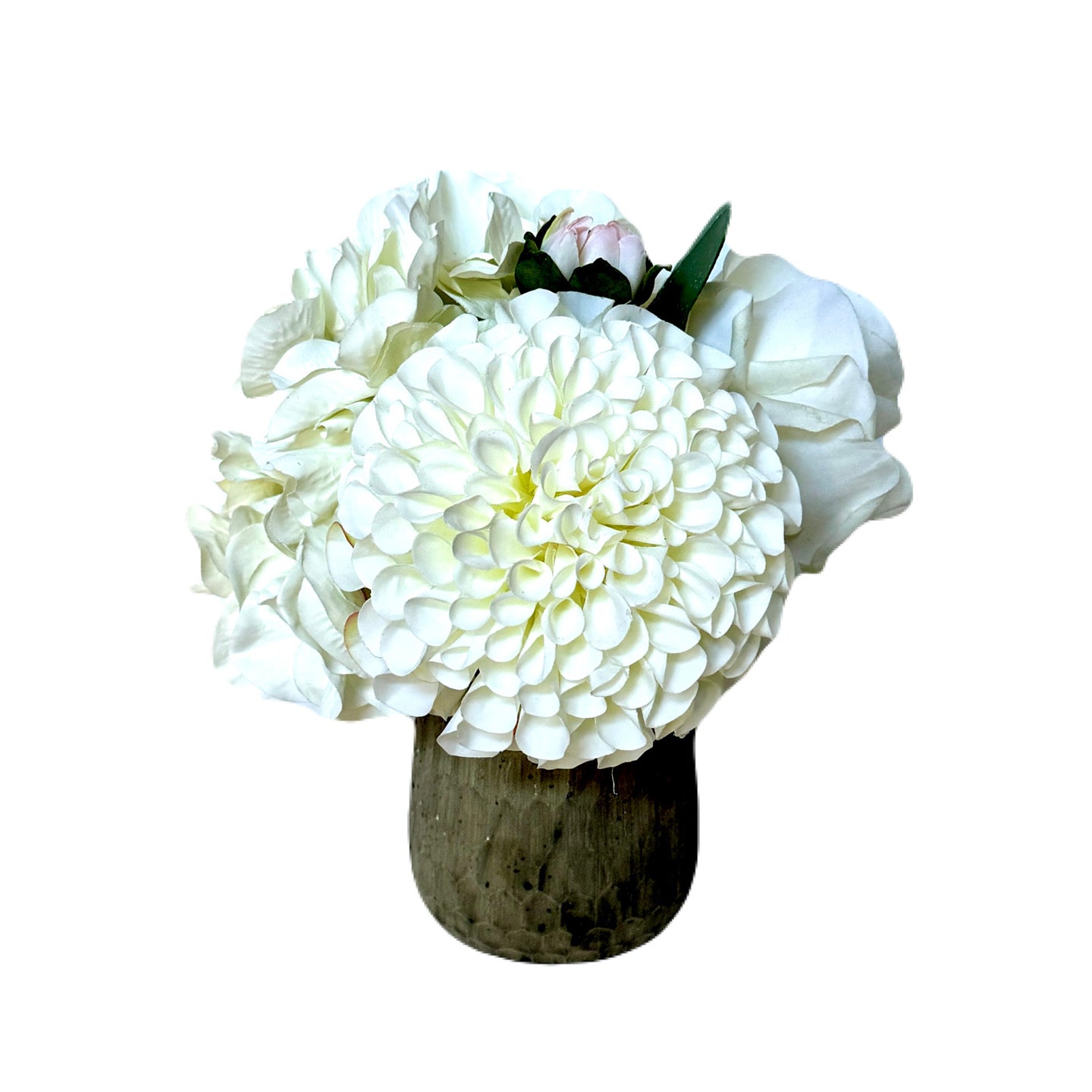 [RGVHS-ADALWW] Round Glass Hammered Vase Small - Artificial Dahlia & Rose White and Hydrangea White