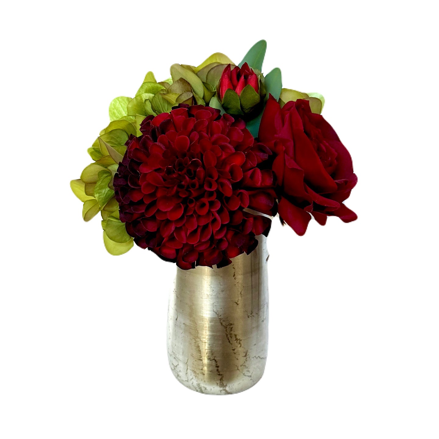 [NORS-ADALRR] Silver Metal Vase Small - Artificial Dahlia & Rose Red and Hydrangea Basil