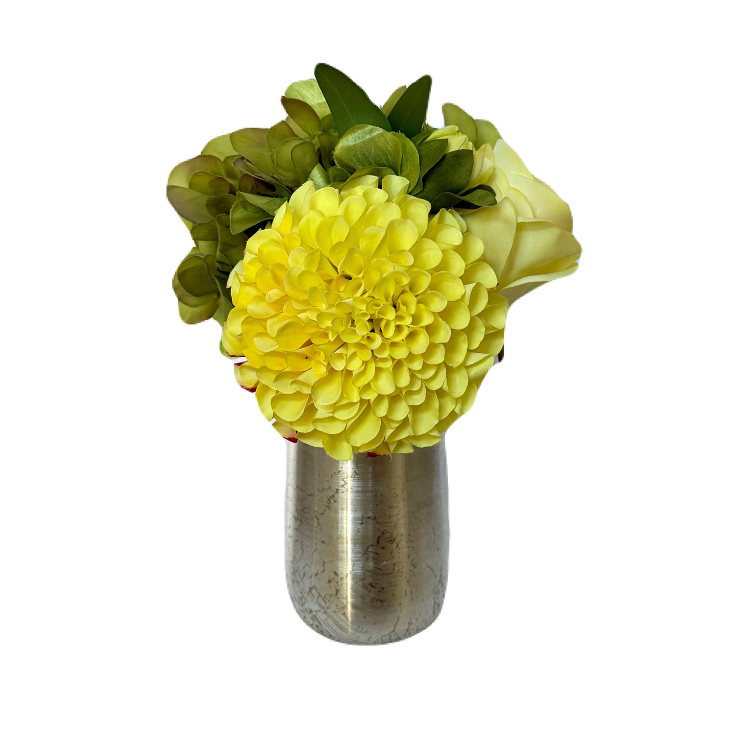 [NORS-ADALYY] Silver Metal Vase Small - Artificial Dahlia & Rose Yellow and Hydrangea Basil