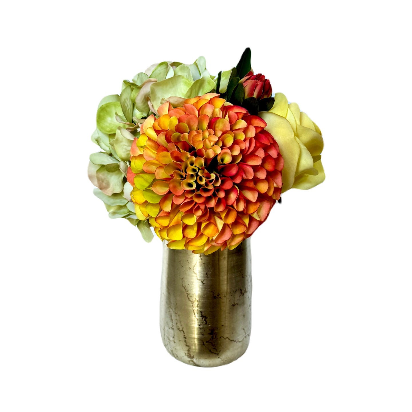 [NORS-ADALSS] Silver Metal Vase Small - Artificial Dahlia & Rose Yellow/Orange and Hydrangea Light Green