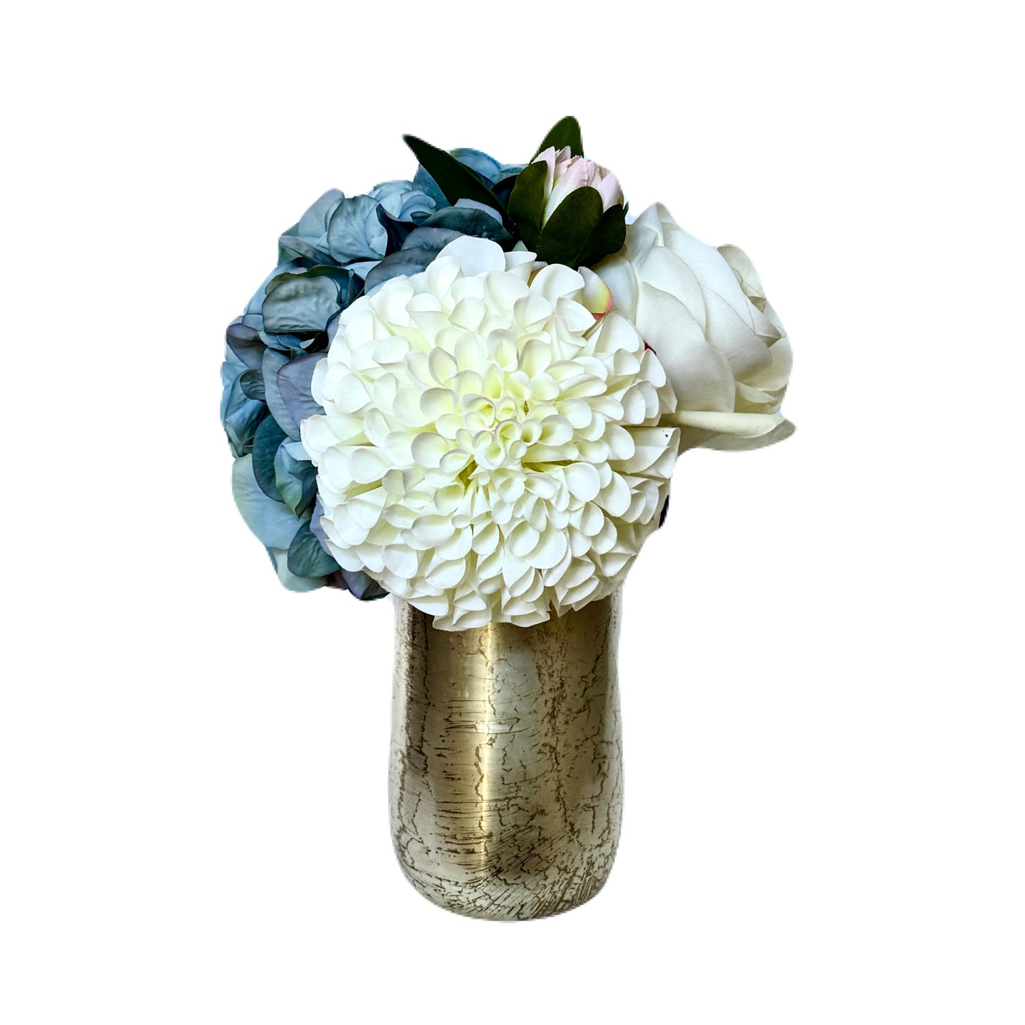 [NORS-ADALBW] Silver Metal Vase Small - Artificial Dahlia & Rose White and Hydrangea Blue