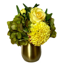 Load image into Gallery viewer, [MVGL-ADALYY] Metal Vase Gold Large - Artificial Dahlia &amp; Rose Yellow and Hydrangea Basil
