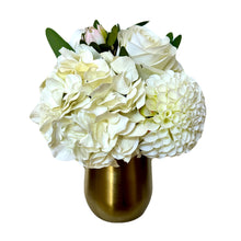 Load image into Gallery viewer, [MVGL-ADALWW] Metal Vase Gold Large - Artificial Dahlia &amp; Rose White and Hydrangea White
