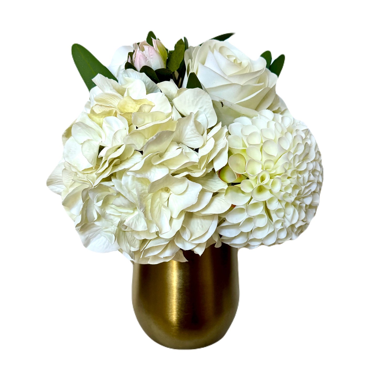 [MVGL-ADALWW] Metal Vase Gold Large - Artificial Dahlia & Rose White and Hydrangea White