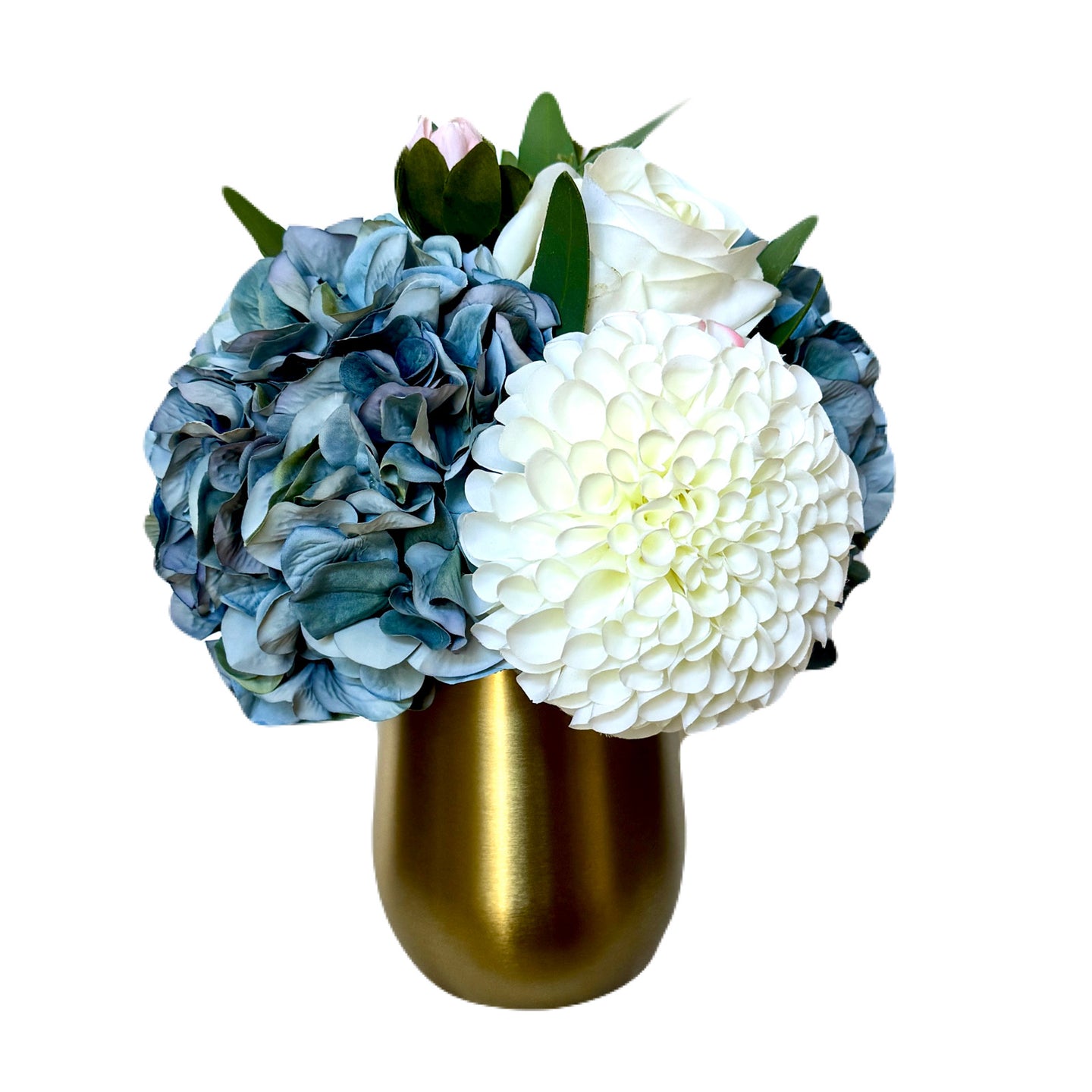 [MVGL-ADALBW] Metal Vase Gold Large - Artificial Dahlia & Rose White and Hydrangea Blue