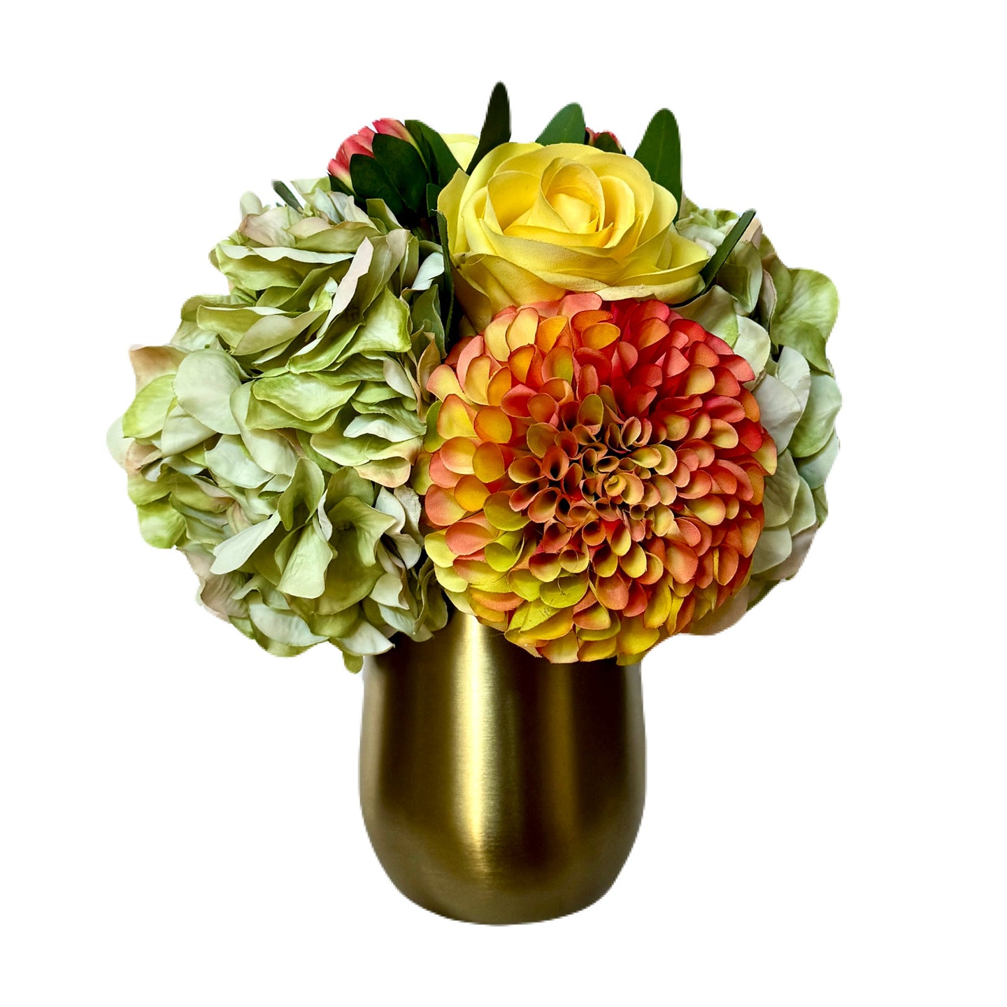 [MVGL-ADALSS] Metal Vase Gold Large - Artificial Dahlia & Rose Yellow/Orange and Hydrangea Light Green