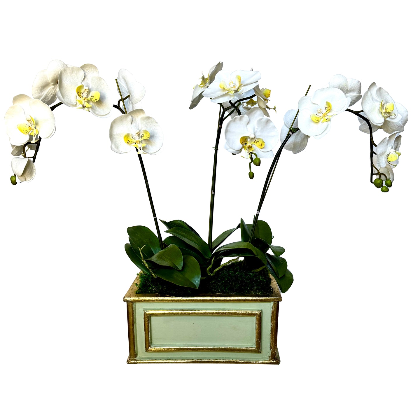 [WRP-GG-ORYE] Wooden Rect Container Green/Gold - Artificial Orchid White & Yellow