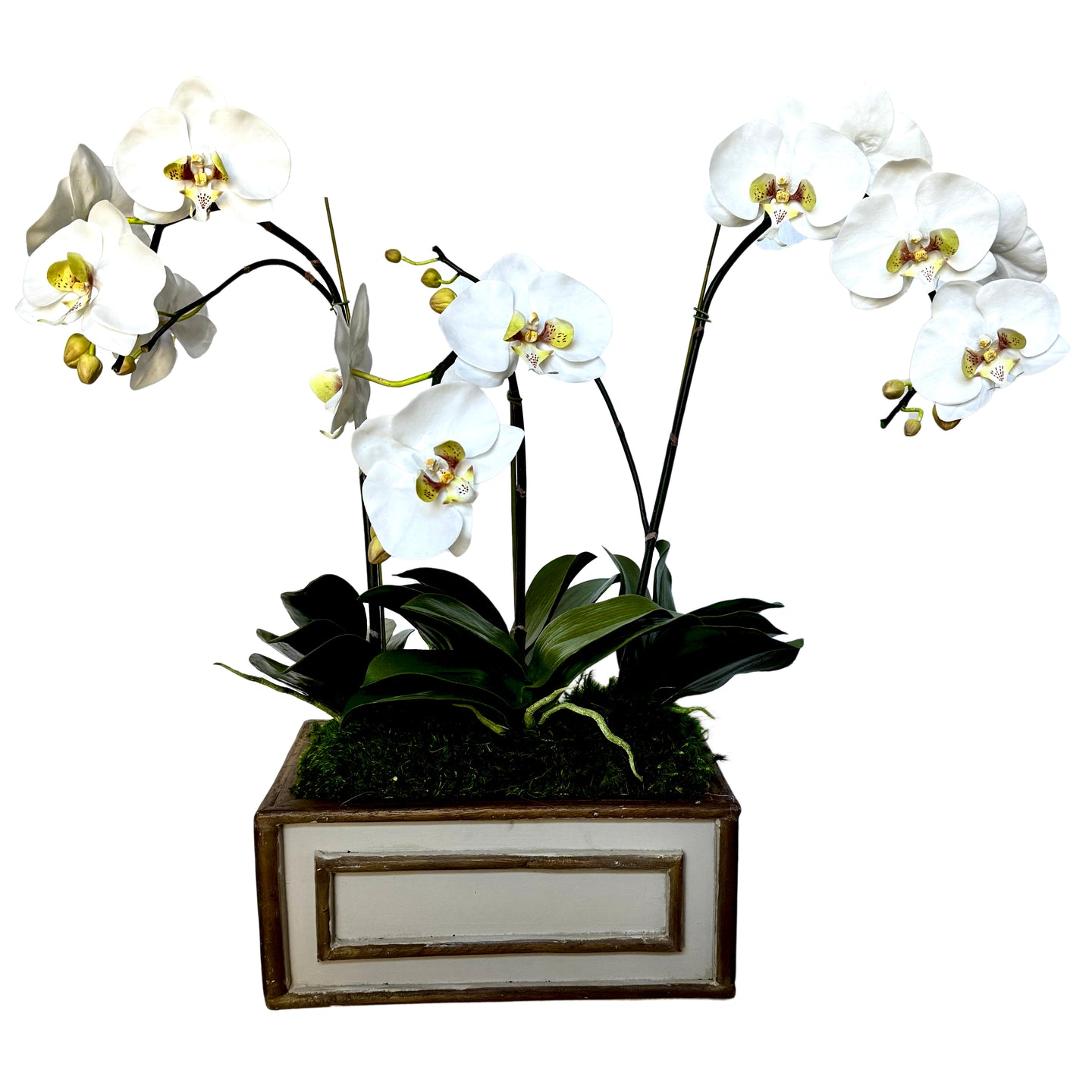 [WRP-PD-ORGR] Wooden Rect Container Patina - Artificial Orchid White & Green