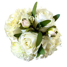 Load image into Gallery viewer, [MVGL-ADALWW] Metal Vase Gold Large - Artificial Dahlia &amp; Rose White and Hydrangea White
