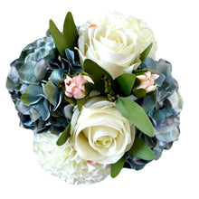 Load image into Gallery viewer, [MVGL-ADALBW] Metal Vase Gold Large - Artificial Dahlia &amp; Rose White and Hydrangea Blue
