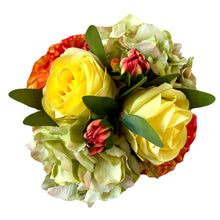 Load image into Gallery viewer, [MVGL-ADALSS] Metal Vase Gold Large - Artificial Dahlia &amp; Rose Yellow/Orange and Hydrangea Light Green
