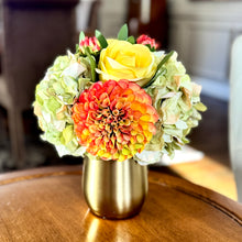 Load image into Gallery viewer, [MVGL-ADALSS] Metal Vase Gold Large - Artificial Dahlia &amp; Rose Yellow/Orange and Hydrangea Light Green
