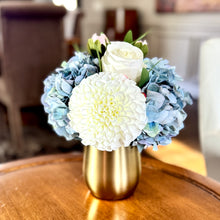 Load image into Gallery viewer, [MVGL-ADALBW] Metal Vase Gold Large - Artificial Dahlia &amp; Rose White and Hydrangea Blue
