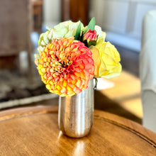 Load image into Gallery viewer, [NORS-ADALSS] Silver Metal Vase Small - Artificial Dahlia &amp; Rose Yellow/Orange and Hydrangea Light Green
