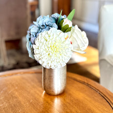 Load image into Gallery viewer, [NORS-ADALBW] Silver Metal Vase Small - Artificial Dahlia &amp; Rose White and Hydrangea Blue
