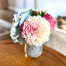 Load image into Gallery viewer, [RGVHS-ADALBP] Round Glass Hammered Vase Small - Artificial Dahlia &amp; Rose Cream/Pink and Hydrangea Light Blue
