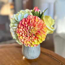 Load image into Gallery viewer, [RGVHS-ADALSS] Round Glass Hammered Vase Small - Artificial Dahlia &amp; Rose Yellow/Orange and Hydrangea Light Green
