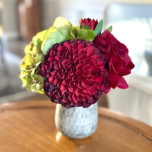 Load image into Gallery viewer, [RGVHS-ADALRR] Round Glass Hammered Vase Small - Artificial Dahlia &amp; Rose Red and Hydrangea Basil
