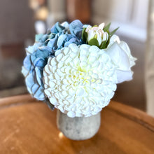 Load image into Gallery viewer, [RGVHS-ADALBW] Round Glass Hammered Vase Small - Artificial Dahlia &amp; Rose White and Hydrangea Blue
