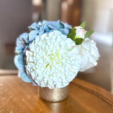 Load image into Gallery viewer, [RESS-ADALBW] Gold Glass Vase Small - Artificial Dahlia &amp; Rose White and Hydrangea Blue
