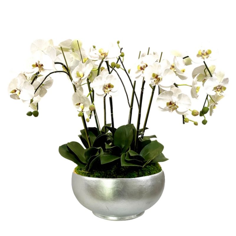 [RBL-S-ORGR7] Resin Round Bowl Large Silver Leaf - Artificial Orchids White & Green