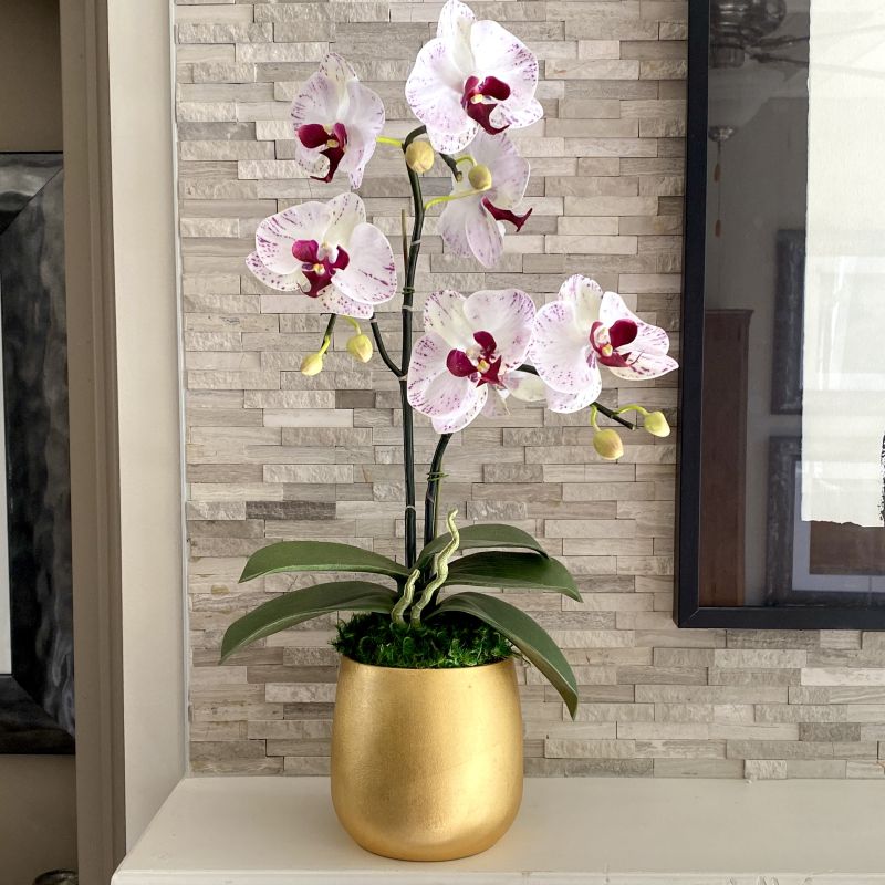 [RCS-G-OROCDT] Resin Round Container Small Gold Leaf - Double Orchid White & Purple Artificial