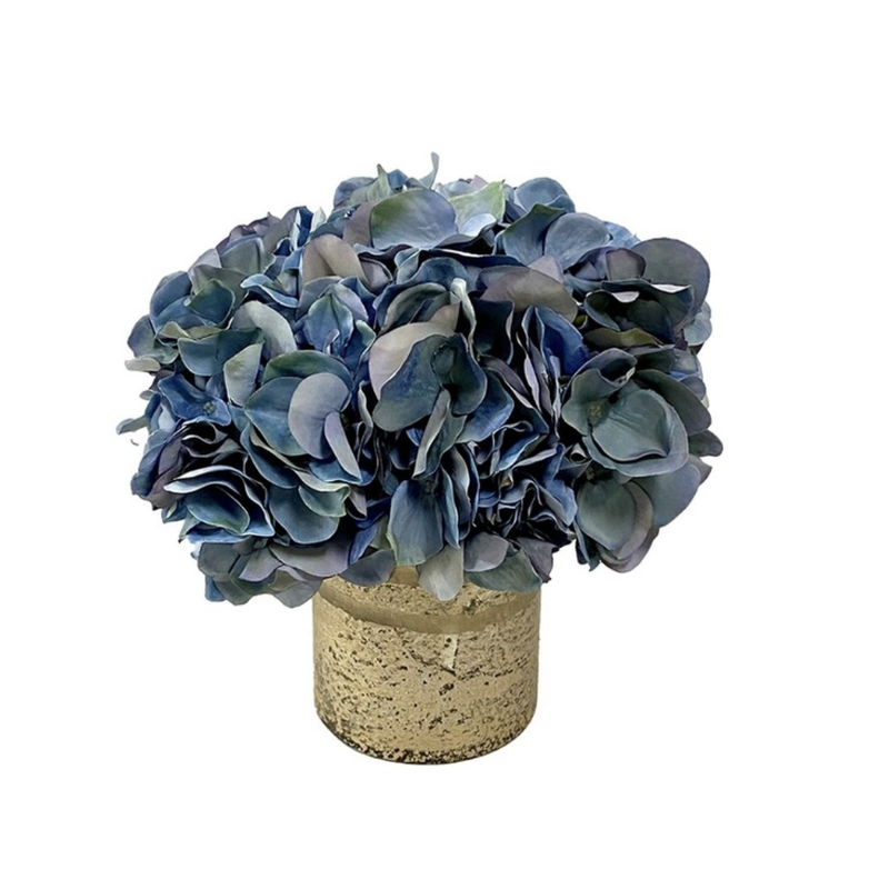 [RESM-AHDBL] Gold Glass Vase Medium - Artificial Hydrangea Blue