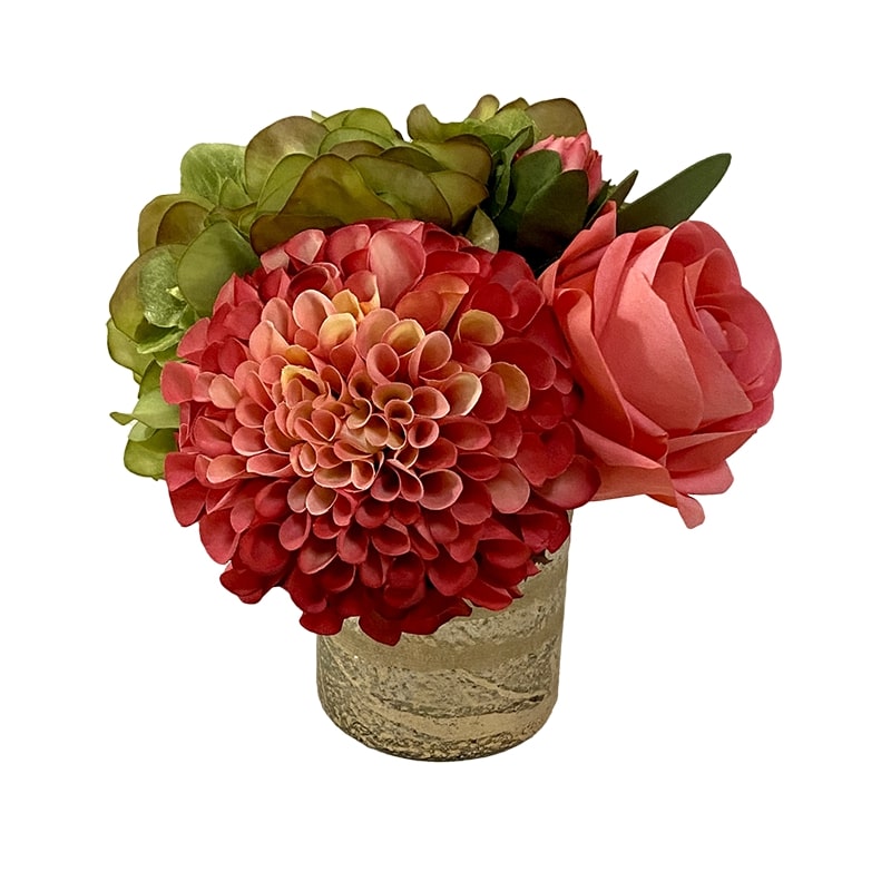 [RESS-ADALGP] Gold Glass Vase Small - Artificial Pink Dahlia, Rose & Hydrangea Green