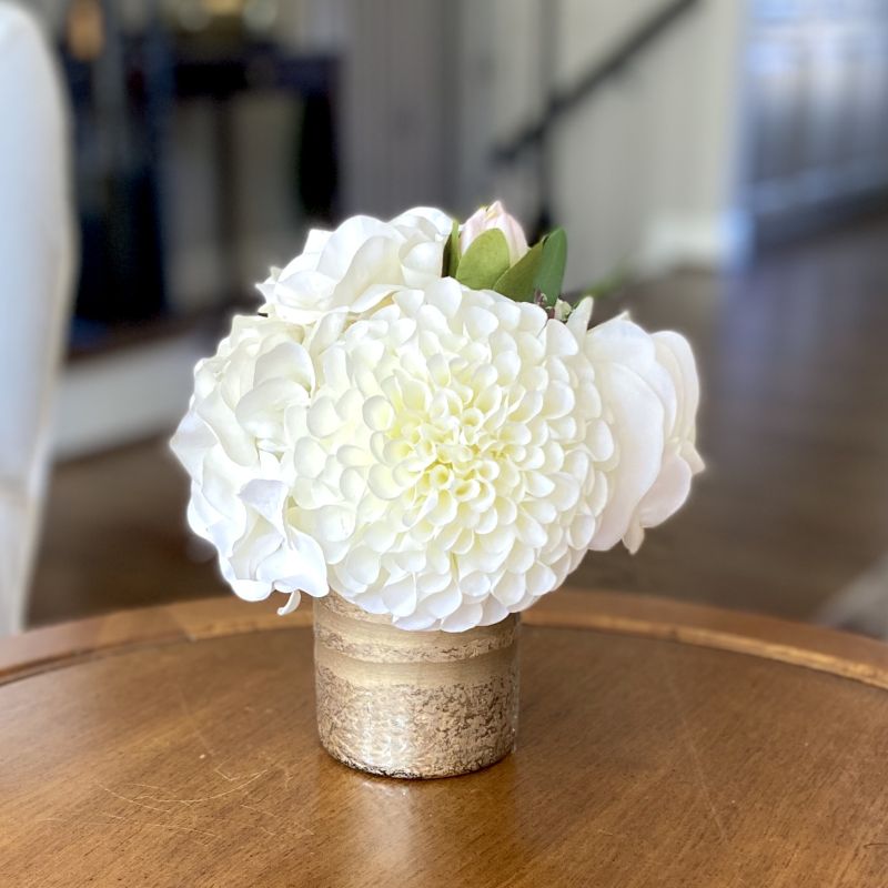 [RESS-ADALWW] Gold Glass Vase Small - Artificial Dahlia White, Rose & Hydrangea White