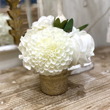 Load image into Gallery viewer, [RESS-ADALWW] Gold Glass Vase Small - Artificial Dahlia White, Rose &amp; Hydrangea White